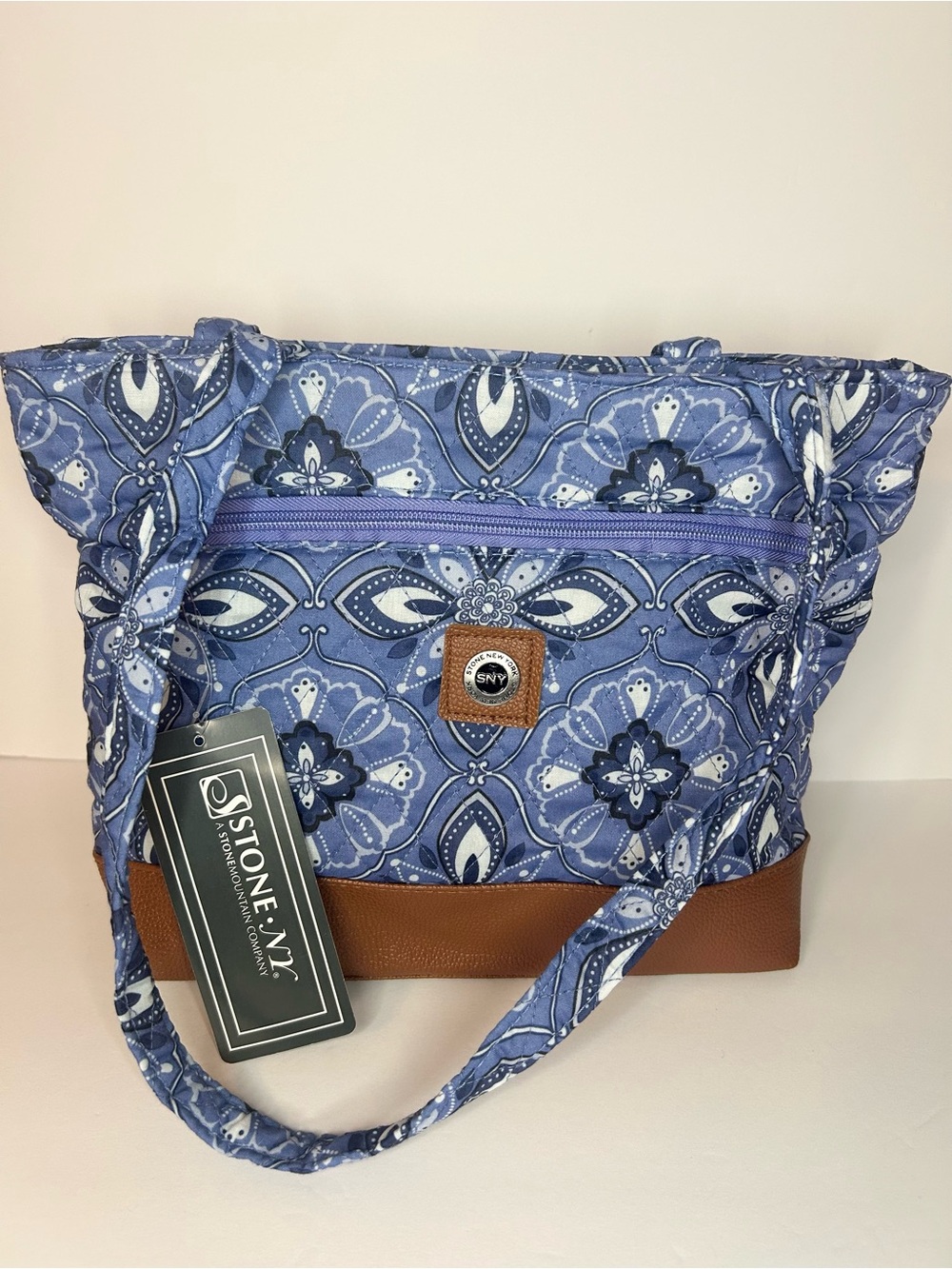 Blue Patterned Tote Bag with Brown Trim